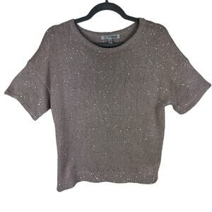 WD. NY Tan Chunky Knit Short Sleeve Sparkly Shimmery Sequin Sweater Size M